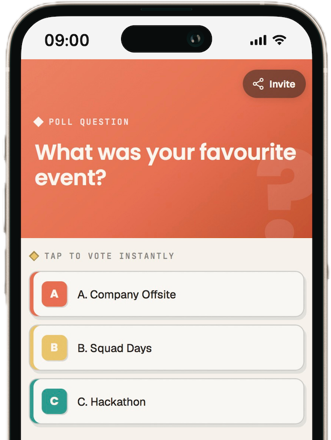 A phone showing the poll question 'What was your favourite event?' with three tappable answers.